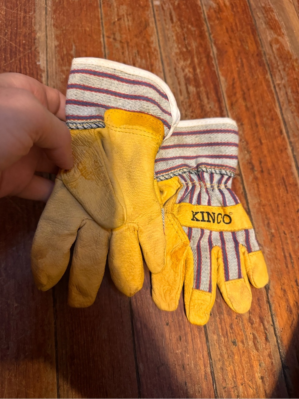 Kinco Kids Yellow Leather Work Mittens with Striped Cuff